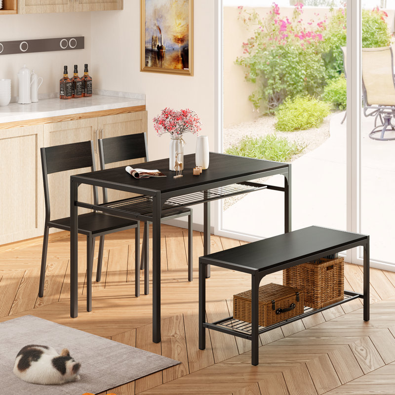 Tamajah 4-Person Dining Table Set with 2 Chairs and Storage Bench for Small Spaces, Black