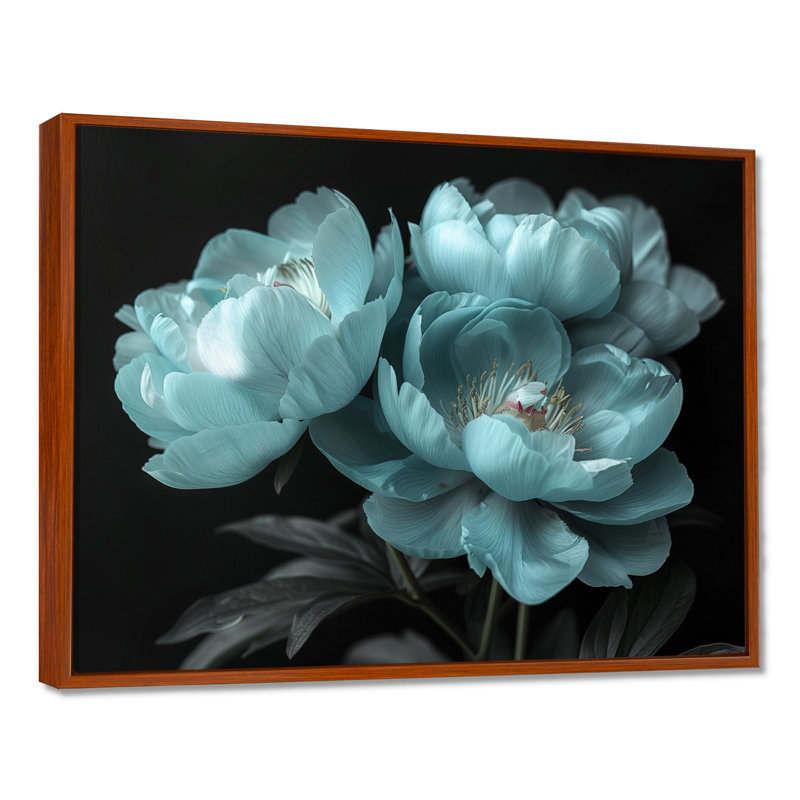 «Blue Monochon pivoines Natures Nuance II», impression d'art mural pivoines, H 34 po x l 44 po, Encadrement brun