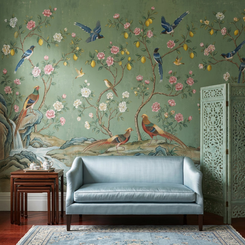 Chinoiserie Wallpaper Lemon Tree Removable Birds Wall Decor, Non-Woven Nonpasted, 160"x108"
