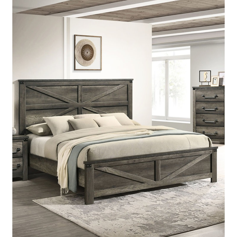 Grand lit rustique gris rustique avec bois d'ingénierie et métal, tête de lit, cadre simple de style chambre à coucher, finition en métal, papier contemporain