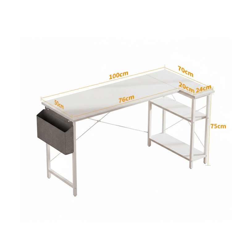 L-Shaped Metal Base Computer Desk, White