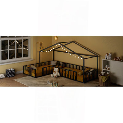 Double lit simple en L Montessori, structure de lit d'angle en métal avec clôture, lit de plancher de style maison pour 2 enfants, sans lattes, noir