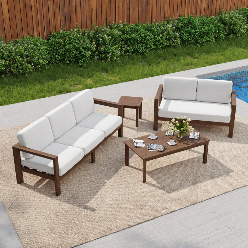 Ensemble de patio extérieur en bois massif pour cinq personnes avec coussins et deux tables, Beige