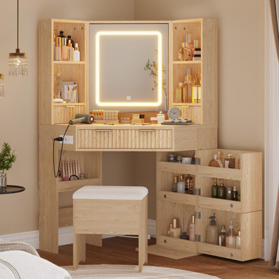 Corner Vanity Desk With Led Lighted Mirror & Rotating Shelves & Charging Station,Makeup Vanity Set With Mirror And Storage Stool, Makeup Table With Drawers, Rotating Shelves,Oakcolor