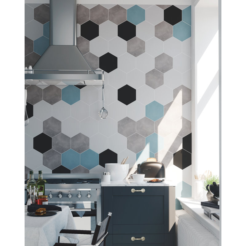 Geometric 8" x 9" Porcelain Patterned Wall & Floor Tile, Black