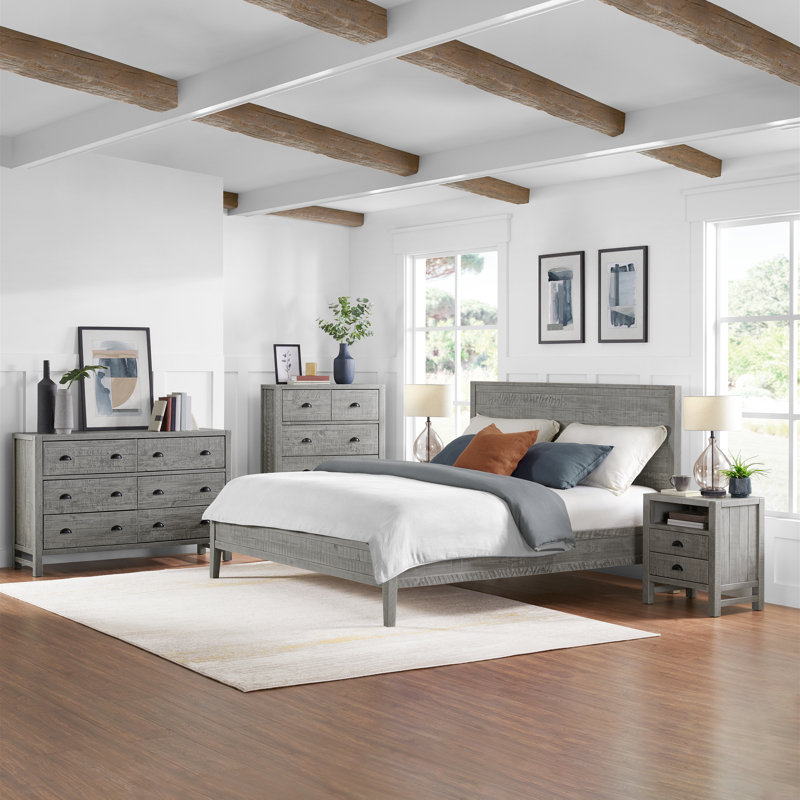 Arden 5-Piece Bedroom Set - Queen Bed, Two 2-Drawer Nightstands, 5-Drawer Chest, 6-Drawer Double Dresser, Solid Pine Wood, Light Driftwood Finish, Modern Rustic Style