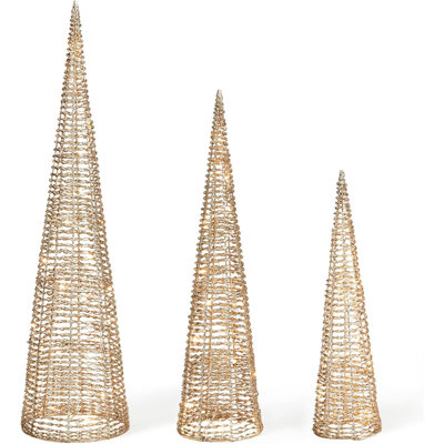 Lighted Gold Crystal Cone Christmas Trees Set of 3 with 65 Warm White LEDs, Indoor Outdoor Pre Lit Holiday Decor
