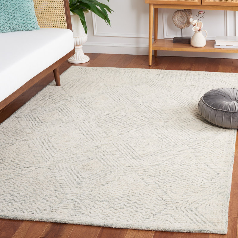 Textural Hand Tufted Wool Cotton Geometric Rug in Gray/Ivory, Rectangle 5' x 8'