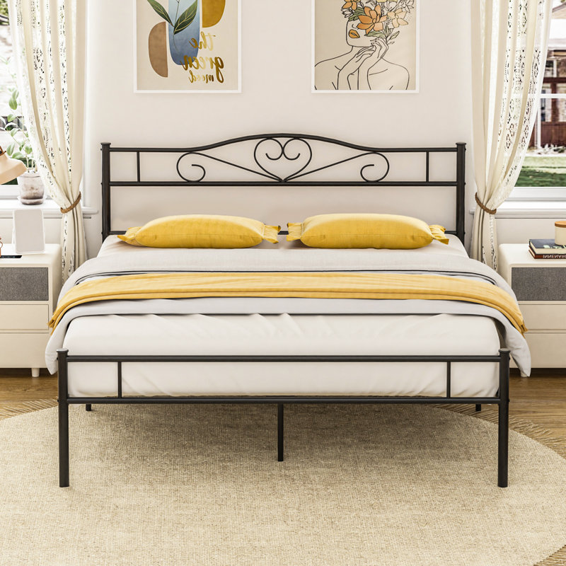 Full Size Metal Bed Frame with Headboard & Footboard, Black Modern Farmhouse Platform Bed with with Decorative Victorian Headboard, Mattress Foundation with Heavy Duty Steel Slats Support, No Box Spring Needed, Underbed Storage