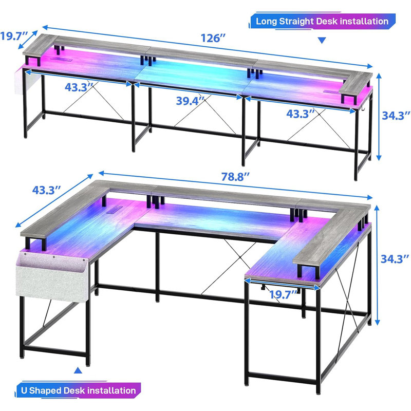 78.8" U Shaped Computer Desk With Power Outlets, USB Ports, LED Strip And Monitor Stand, Reversible L Shaped Desk With Storage Shelves