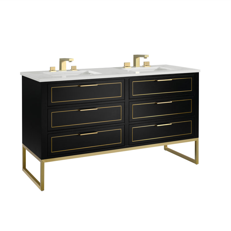 Ensemble de meuble-lavabo double 60 po Markham, Nuit noire, Laiton satiné, Quartz Calacatta universel