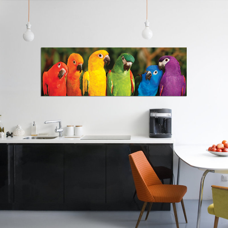 «Rainbow Parrots», impression sur toile tendue, H 24 po x l 72 po x P 1,5 po, Toile tendue