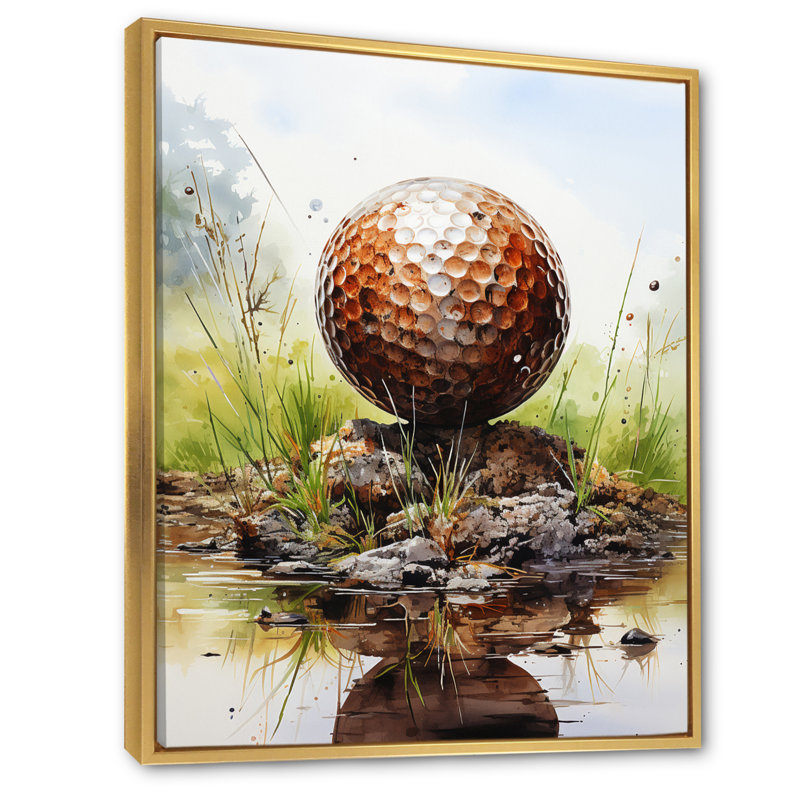 Minimalisme Golf Ball II - art mural toile de golf, H 40 po x l 30 po x P 1,5 po, Cadre flottant doré