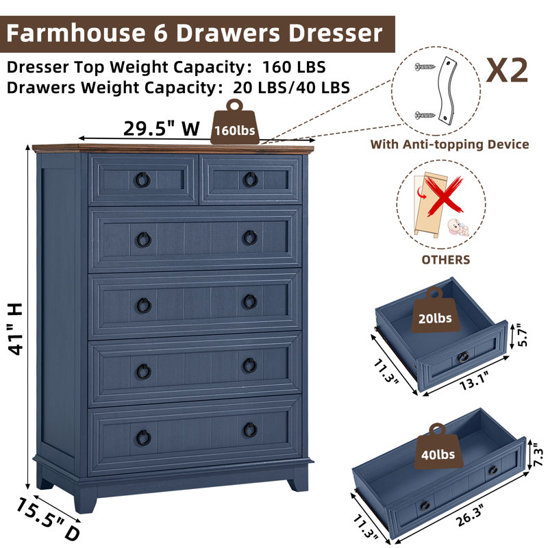 Farmhouse 6 Drawer Dresser For Bedroom, 41" Tall Small Dressers & Chest Of Drawers, Rustic Wood Dresser With Metal Handle, Storage Organizer Closet For Living Room, Hallway, Entryway