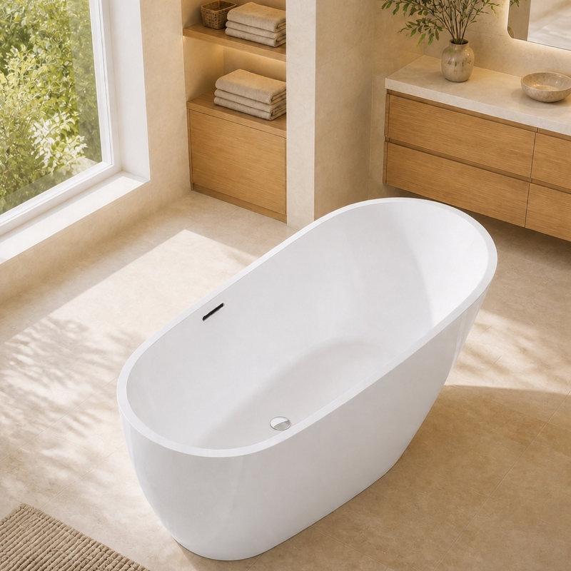 Baignoire de trempage autoportante ovale 63 po à deux extrémités, blanche avec bordure chromée, 63 in, Chrome