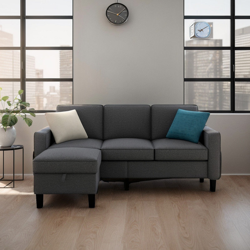 Joella Upholstered L-Shaped Sectional with Ottoman Reversible, Dark Gray