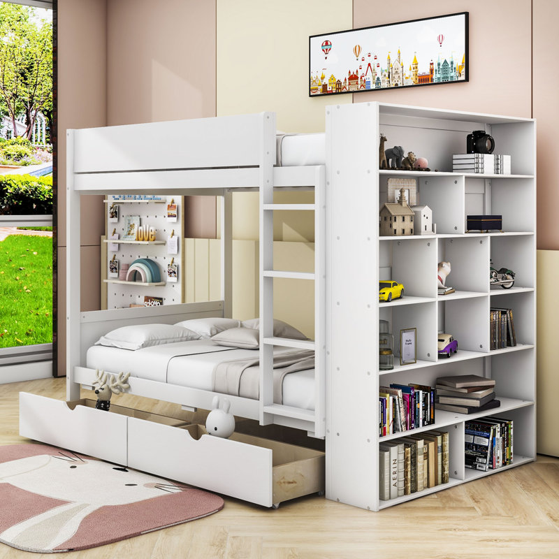 Aleiah Kids Twin Bunk Bed with Drawers, Twin over Twin, White