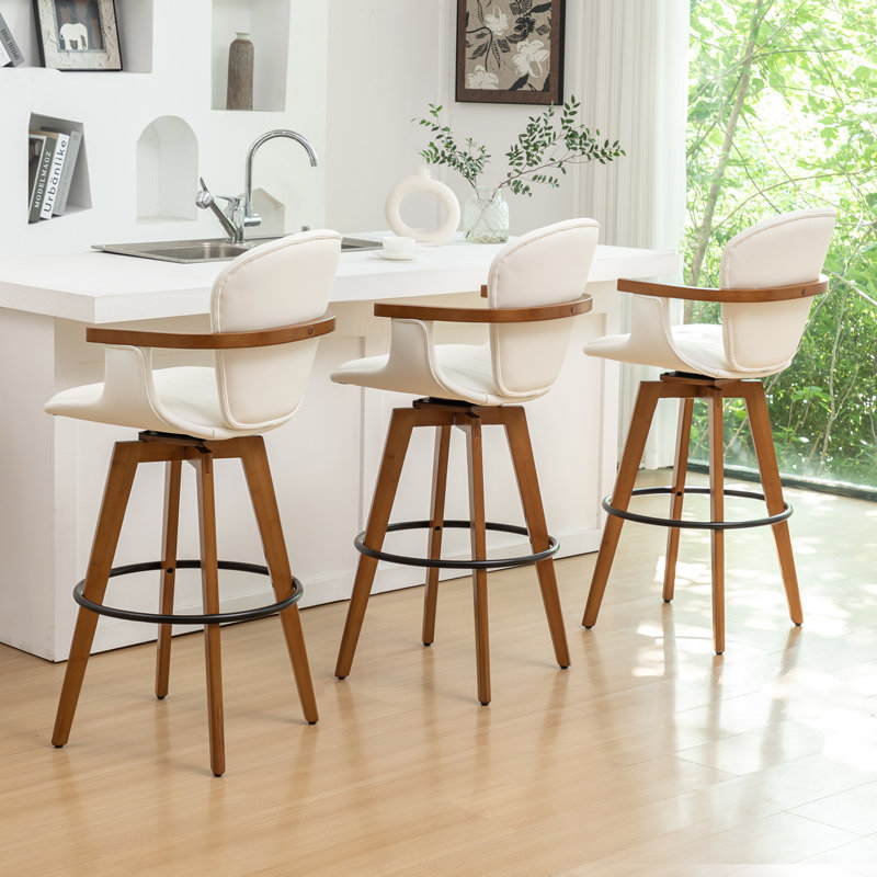 Tabourets de bar pivotants à 360° Karez avec pieds en bambou (lot de 3), Blanc