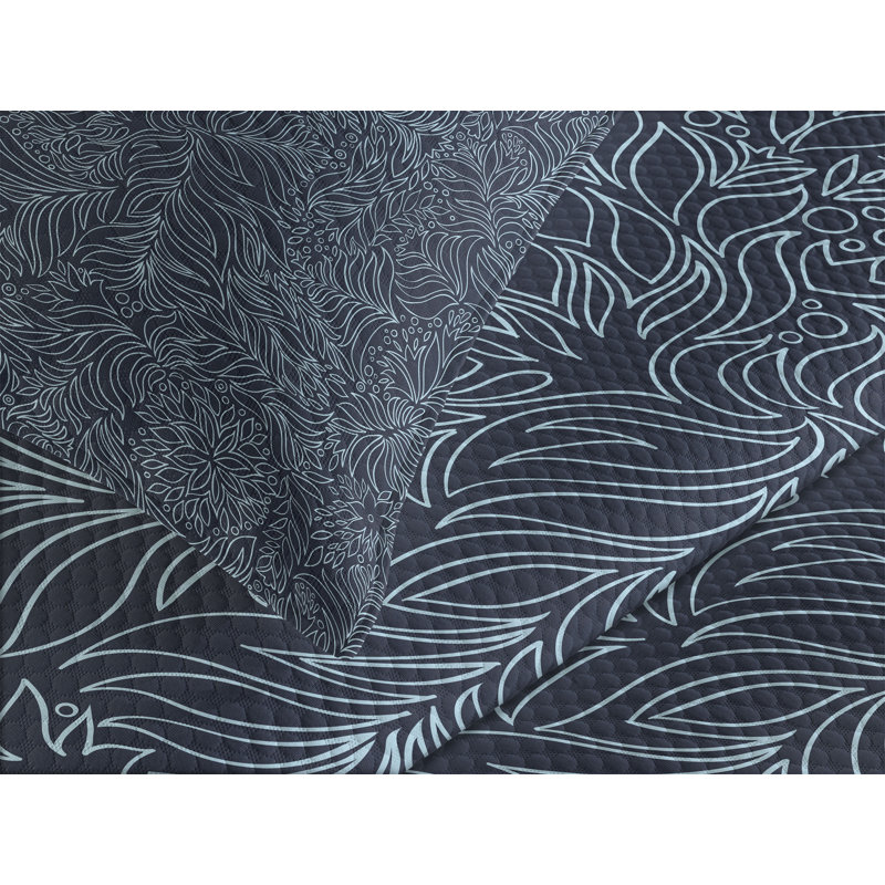 King Size White and Blue Quilted Bedspread Set
