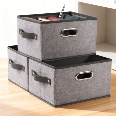 Collapsible Storage Bins 3-Pack With Leather Handles, Decorative Fabric Storage Baskets For Closet Shelves, Bedroom, Living Room, Foldable Organizer Bins For Space Saving Storage