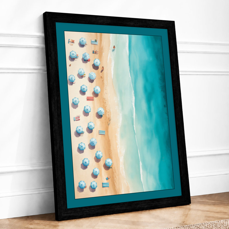 Umbrella Beach Coastal - Framed Print, A4 - 29.7 x 21.0 cm, Black