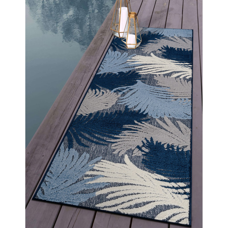Tapis floral bleu marine / ivoire intérieur / extérieur, Bleu très foncé, Tapis de couloir de 2 pi x 7 pi