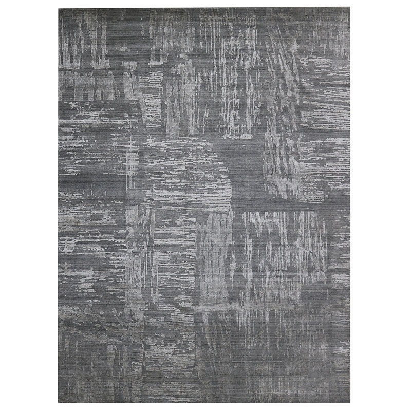 Tapis gris / blanc noué à la main de haute qualité, Rectangle 9 pi x 12 pi