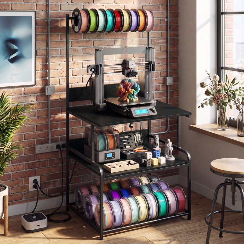 Poste de travail pour imprimante 3D, grand support d'imprimante à 3 niveaux avec prise de courant intégrée, support de bobine de filament supérieur pour l'impression 3D et le rangement des imprimantes de bureau