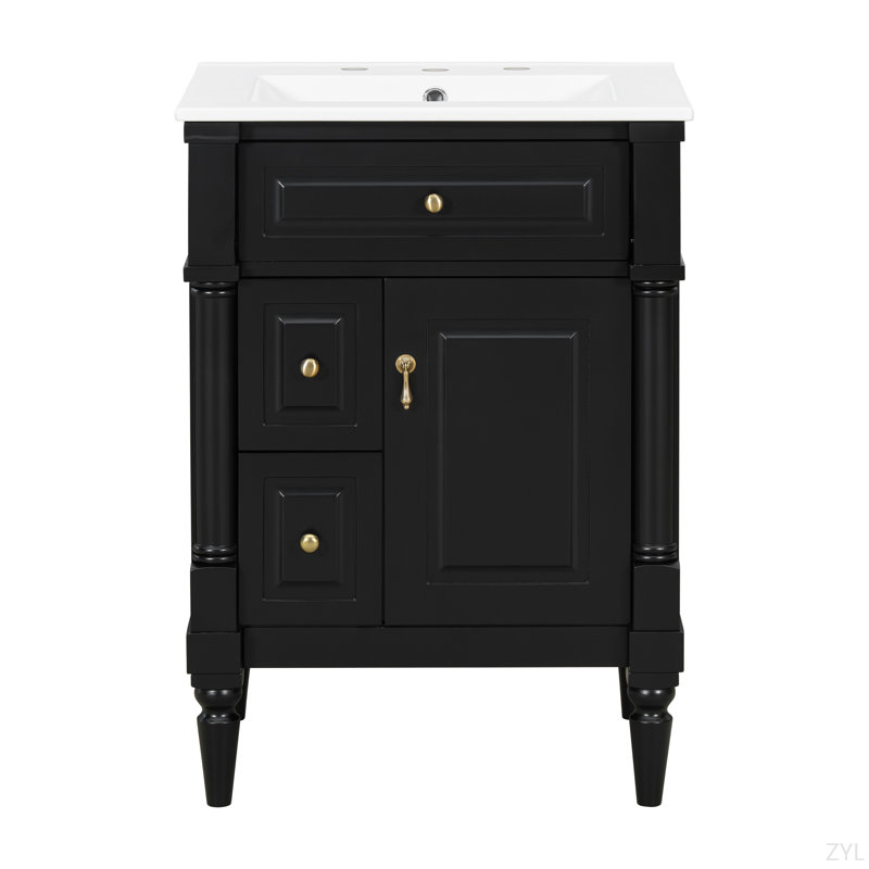24 Inch Bathroom Vanity With Sink, Black Freestanding Bathroom Cabinet With Flip Drawer, Adjustable Shelf, Solid Rubberwood Frame, MDF Panels & Metal Handles