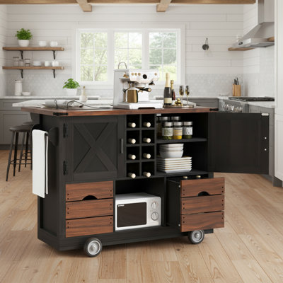 54" Farmhouse Kitchen Island with Drop Leaf, Power Outlet, Kitchen Storage Cart with 2 Doors, 2 Drawers, Rolling Kitchen Island on 4 Large Wheels with Spice Rack for Kitchen, Dining Room, Black