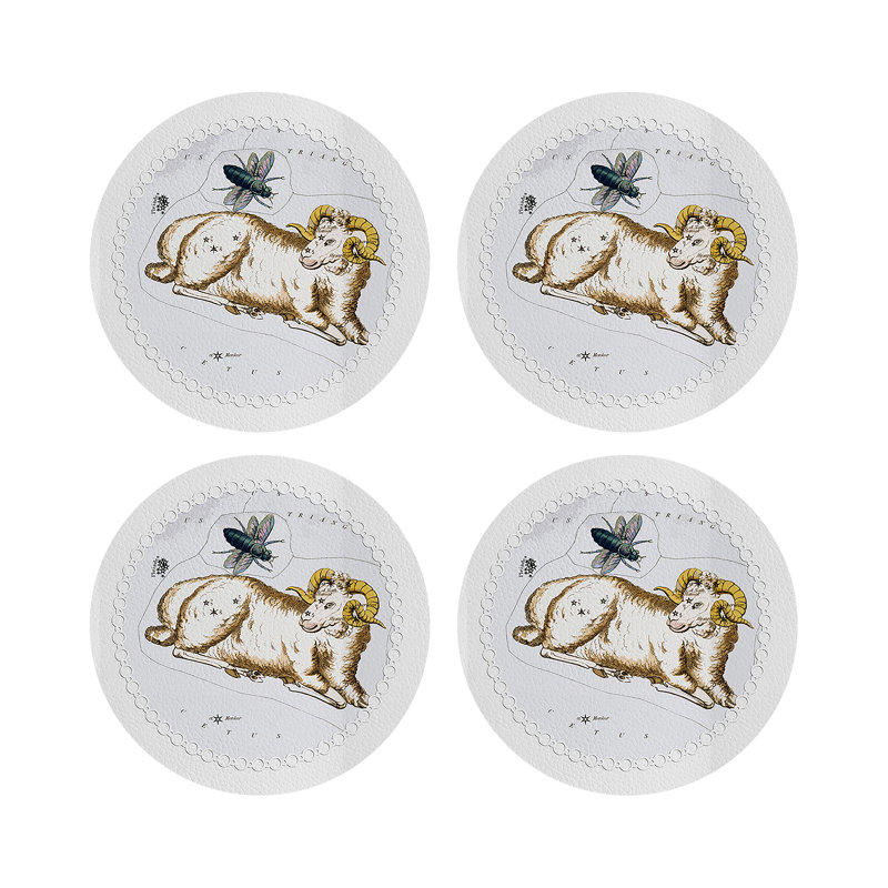 Zodiac Aries White Vegan Leather Round Coasters, White