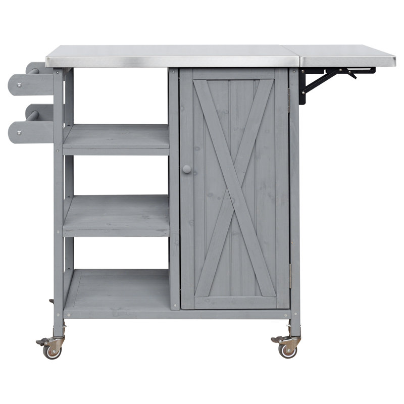 Chariot de cuisine en bois de sapin massif avec plateau rabattable en acier inoxydable, Gris