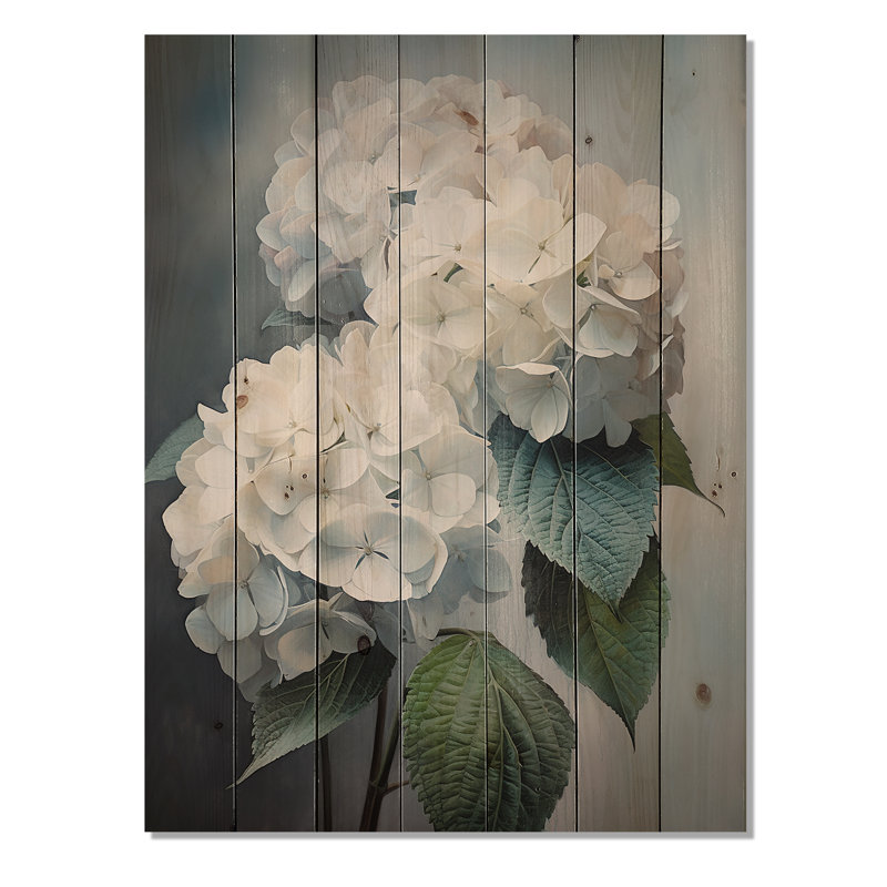 Hydrangées blanches chuchotant des teintes sur bois, H 32 po x l 24 po x P 0,78 po