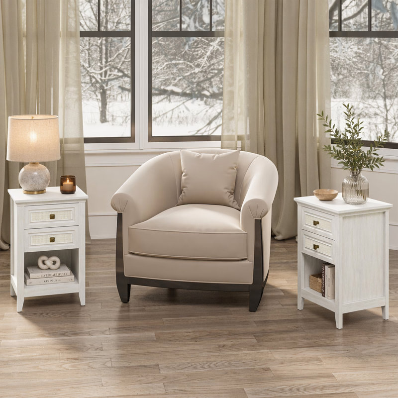 Table de chevet en rotin blanc grisâtre avec rangement pour petits espaces et salons (ensemble de 2)