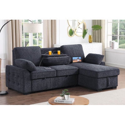 Jorah 91-Inch Chenille Fabric Reversible Sleeper Sectional Sofa With Storage Chaise, Drop-Down Table, Cup Holders & USB/USB-C Charging Ports