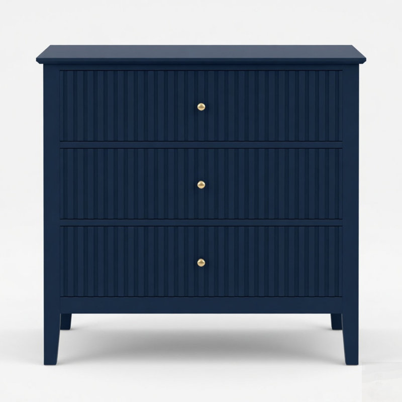 Table de chevet cannelée à 3 tiroirs, grande table de bout moderne pour chambre à coucher, Bleu