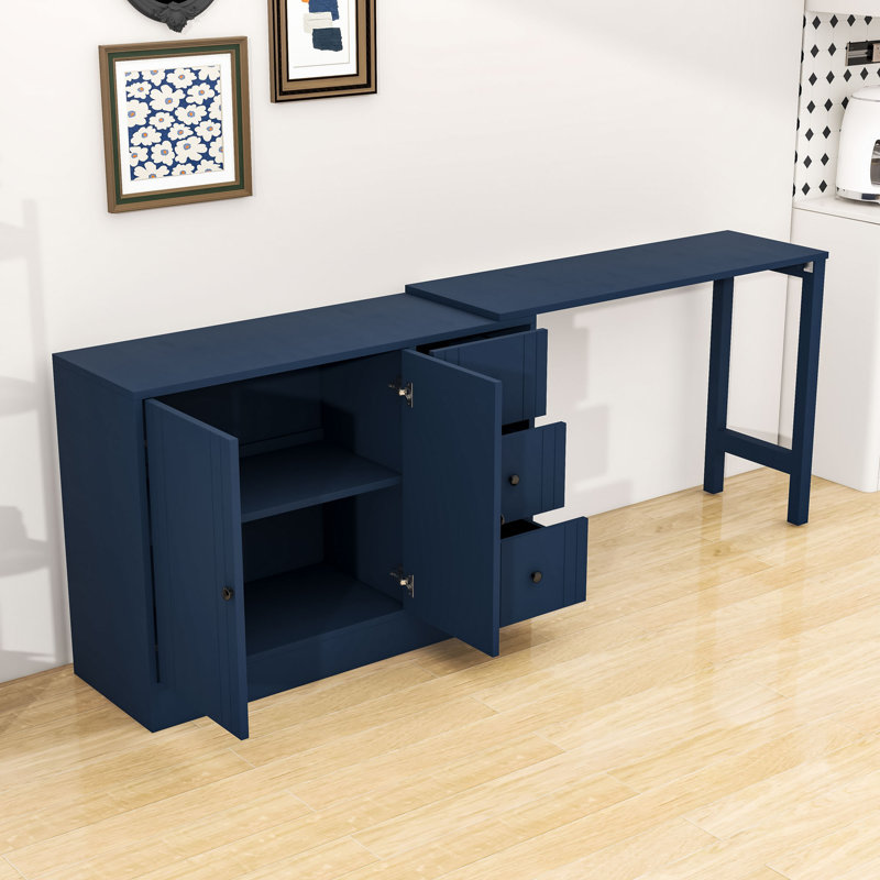 3 Drawers Wood Sideboard with Pull-Out Extendable Table and Storage Cabinet with Adjustable Shelves, Navy Blue