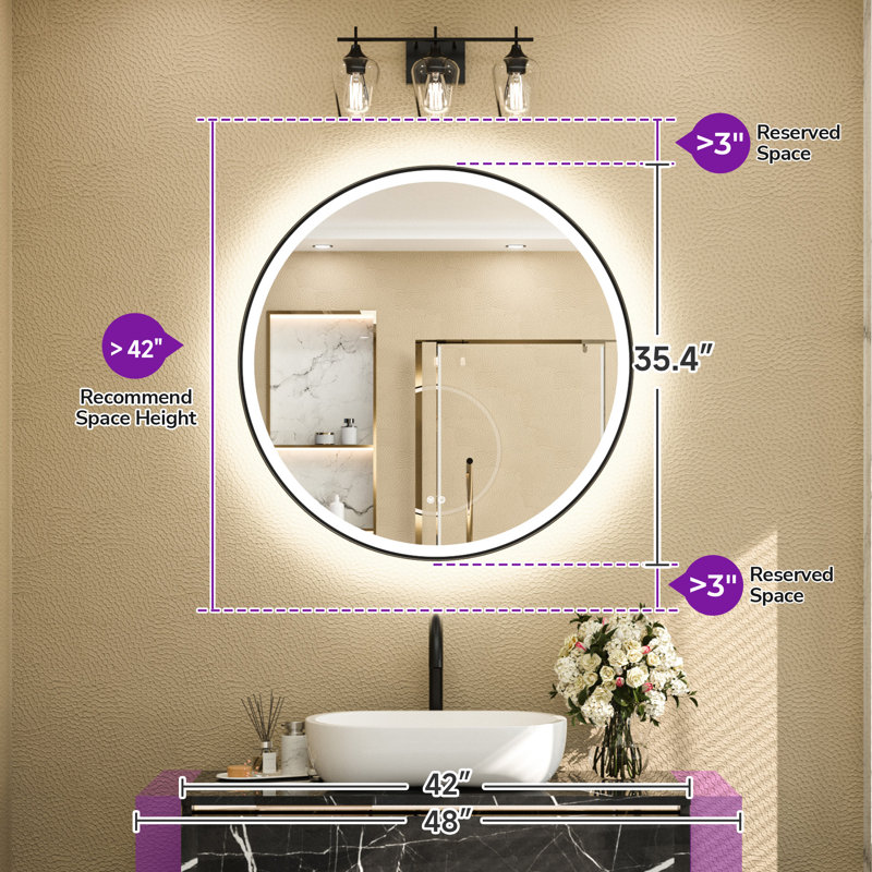 Round Framed Dimmable LED Anti-Fog With 3 Color Adjustment Bathroom Mirror Front&Backlit Vanity Mirror with Tempered Glass