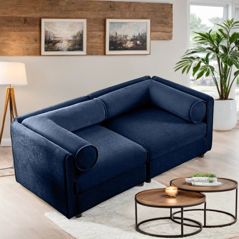 Canapé 2 places en chenille avec support ergonomique et rangement intégré, Bleu