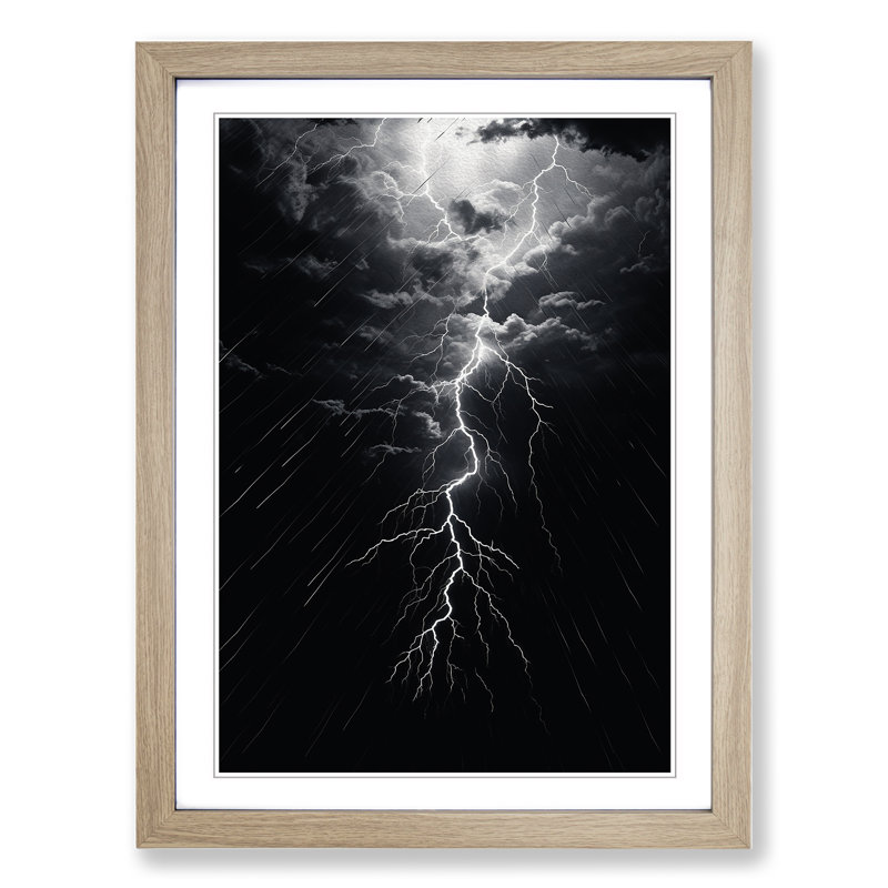 Lightning Line - Single Picture Frame Print on Wood, Oak Framed, 64cm H x 46cm W x 2cm D