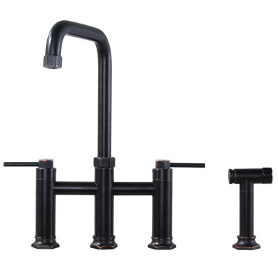 Brass 2-Handle Bridge Kitchen Faucet With Brass Side Sprayer 4-Hole Deck Mount Kitchen Faucet