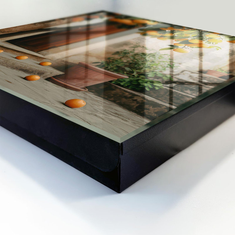 Key box for wall, Opens to the right, 30x30x5, White, Oranges against the backdrop of a stone patio full of greenery, 