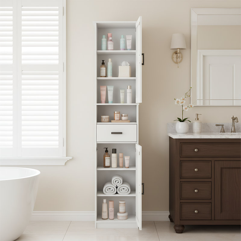 69" Tall Bathroom Storage Cabinet with Barn Doors and Drawer, White