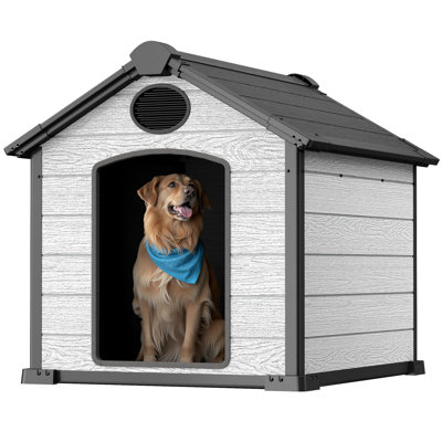  Grande niche pour chien isolée et résistante aux intempéries avec plancher surélevé, grande maisonnette 3XL pour 2 grands chiens à l'extérieur, plastique en résine extra durable, gris ciment