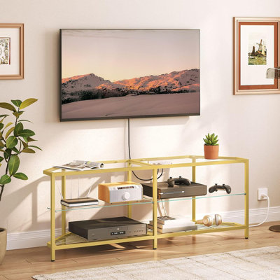 Meuble télé de coin moderne 55 po pour téléviseur de 60 po ou moins - Console média avec prise de courant, tablettes ouvertes et verre trempé