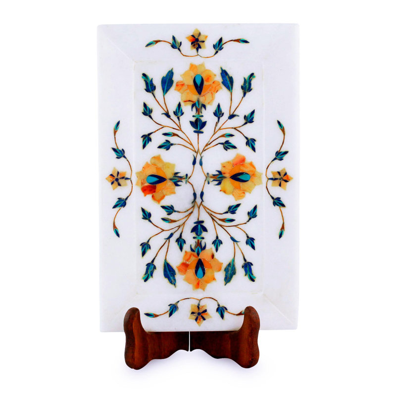 Assiette décorative rectangulaire en blanc / bleu / orange