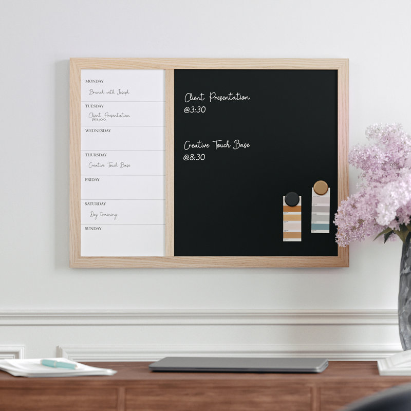 Thomas Martha Stewart Magnetic Weekly Calendar Dry Erase Board and Chalk Board with Liquid Chalk Marker, Brown