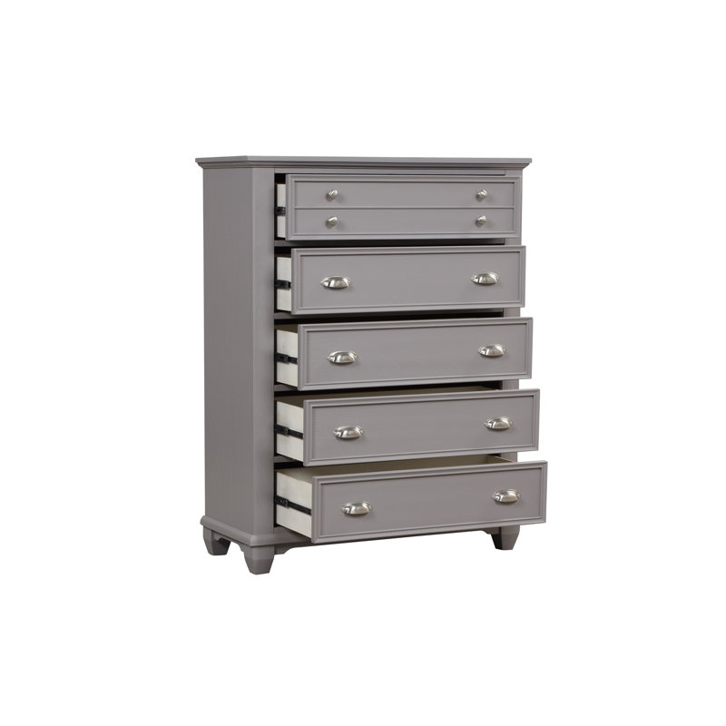 Grande commode Limi, 5 tiroirs, bois d'acacia massif gris clair