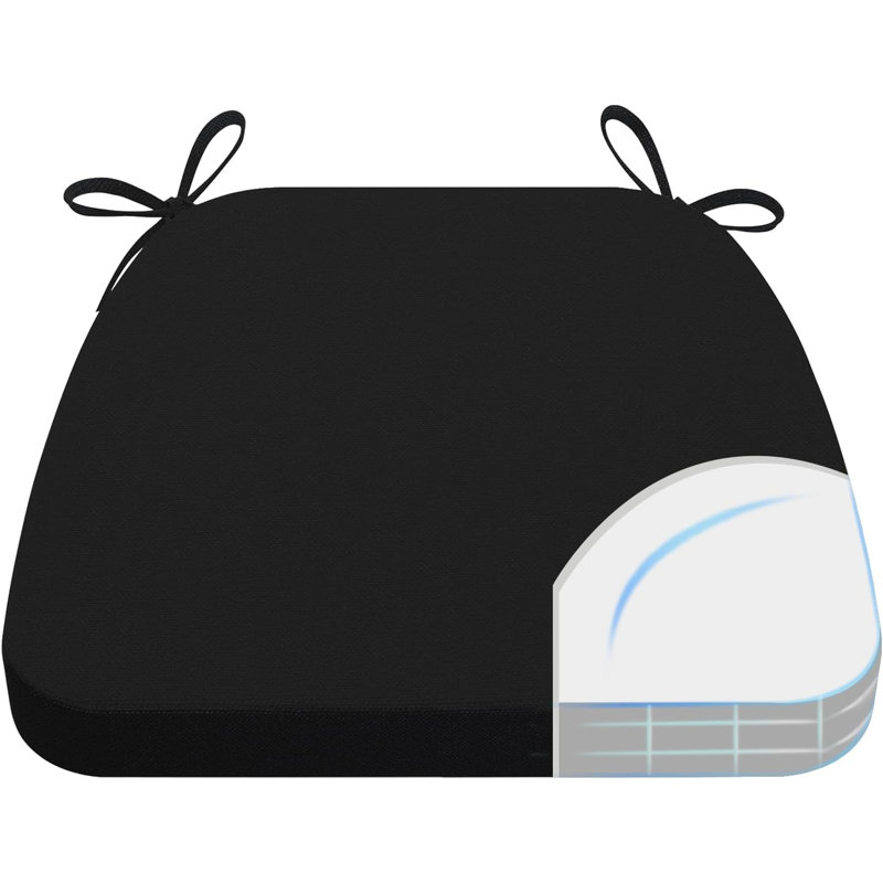 2" Thick D-Shaped Dining Chair Cushions with Ties and Non-Slip Base - (17" x 16") Black, Black
