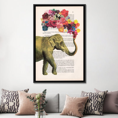 «Vintage Paper Series: Elephant Flowers», impression sur toile tendue